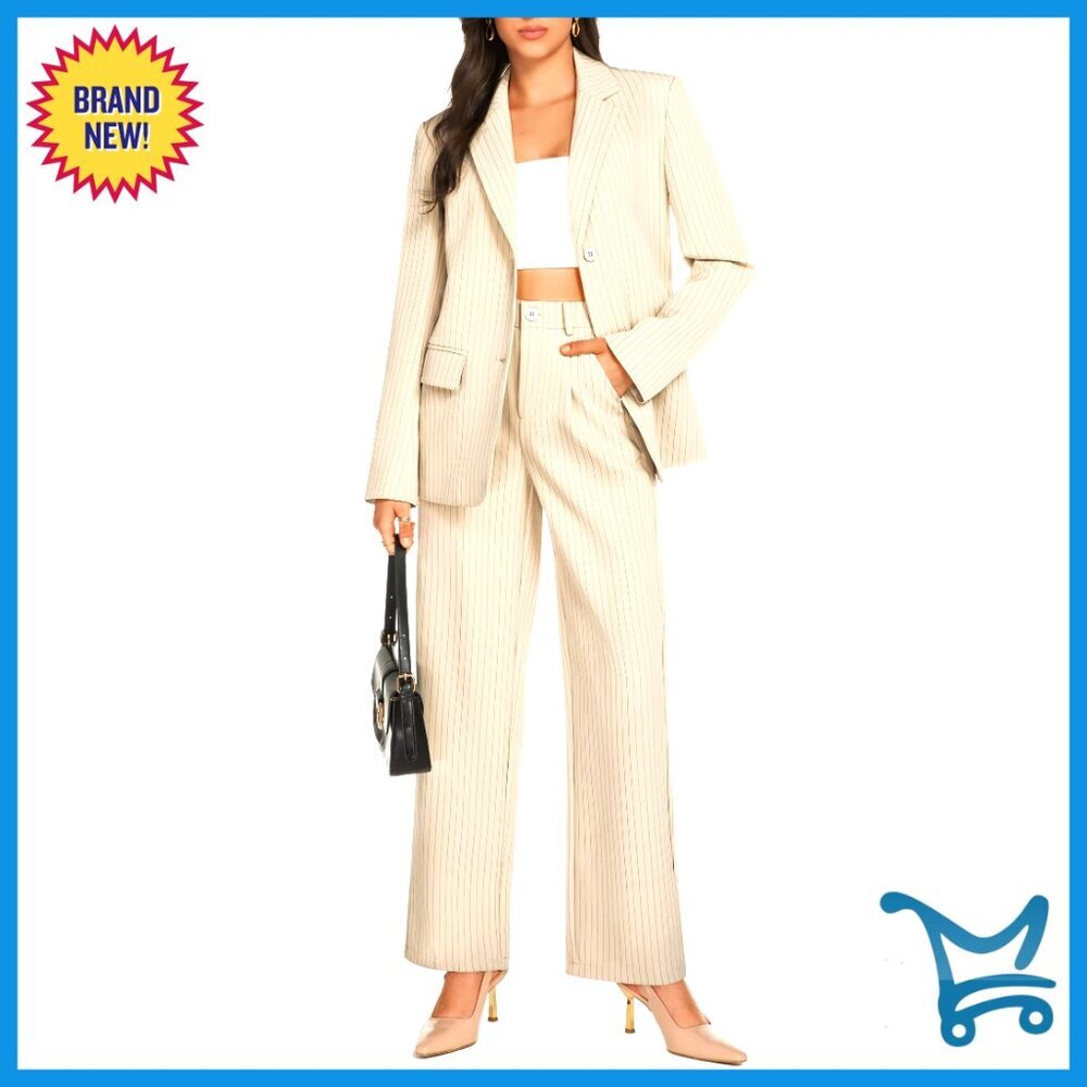 Women's 2-Piece Pant Suit, Notched Collar Blazer, Wide Leg Pants, Business